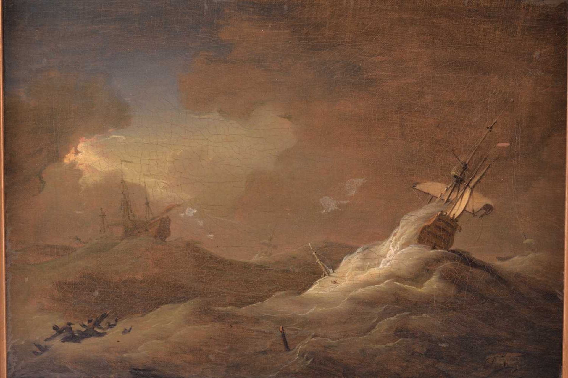 18th century Continental School, Galleons in a Storm, indistinctly signed bottom right, oil on - Image 3 of 11