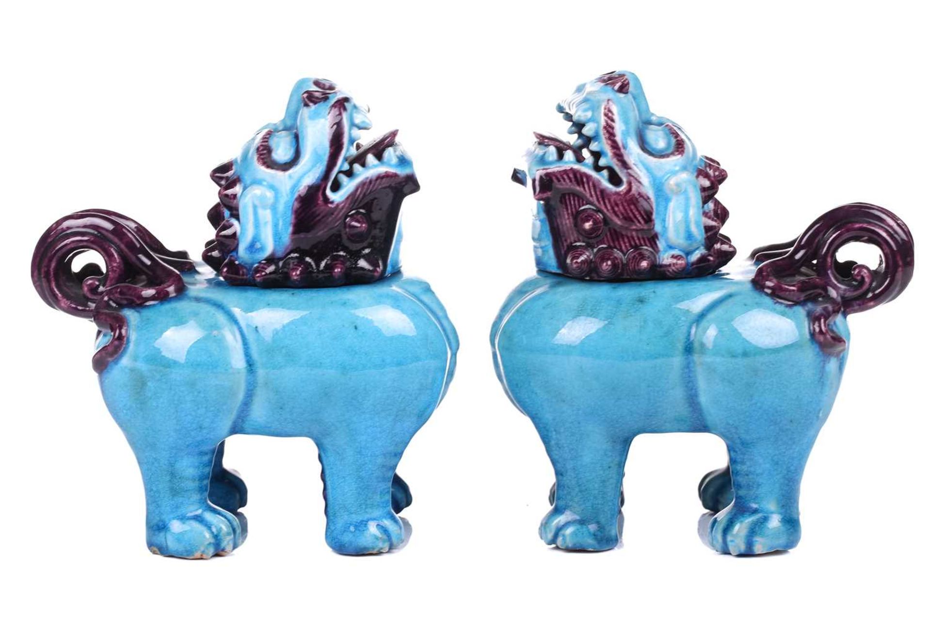 A pair of Chinese standing lion dogs, with removable heads and open mouths, in turquoise and - Image 2 of 24