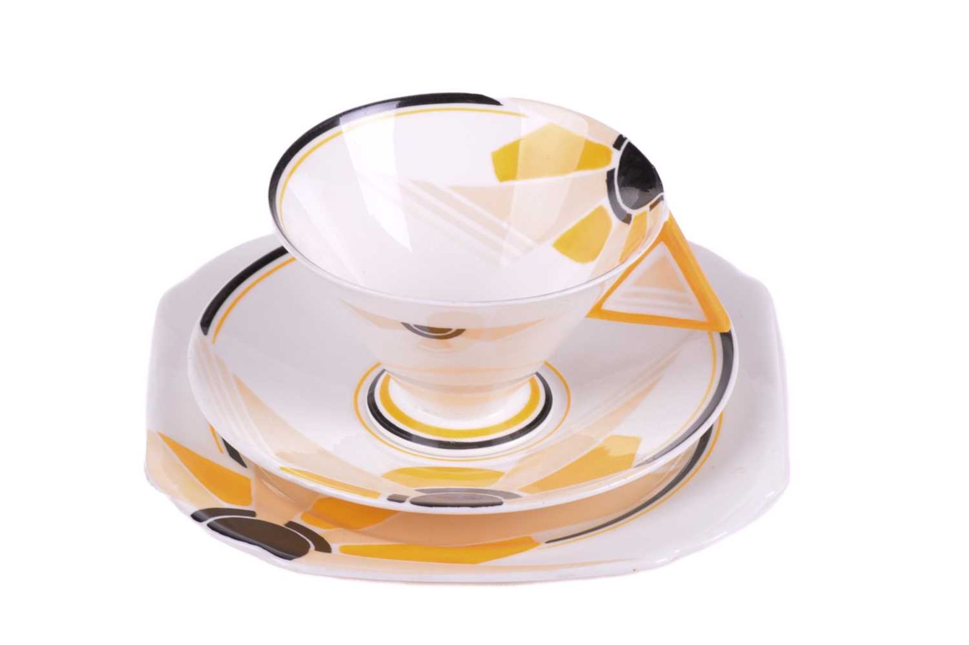 A 1930s Shelley 'Vogue Sunray' tea set, designed by Eric Slater, comprising: six teacups, six - Image 4 of 8