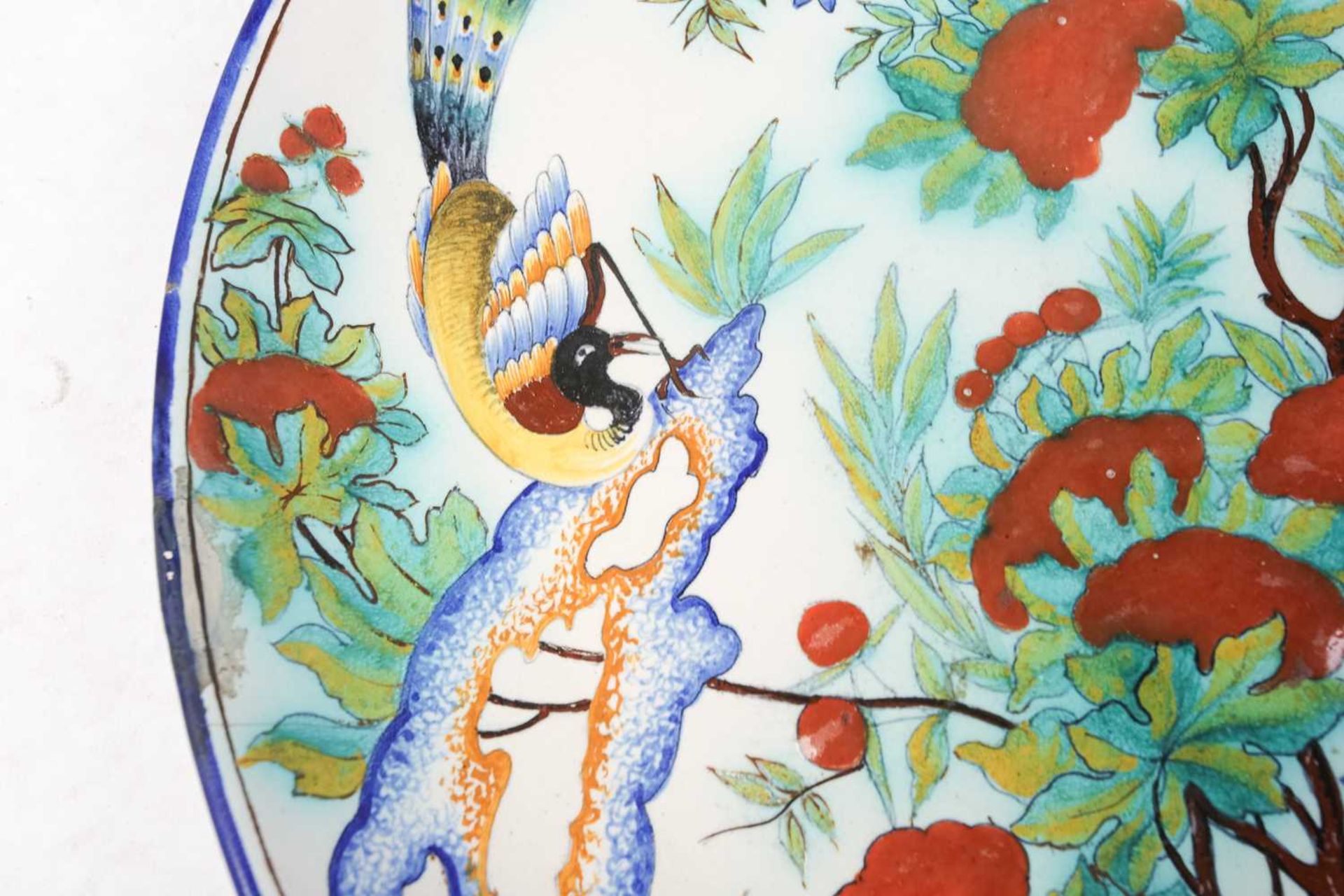 A Cantagalli Pottery charger, depicting exotic birds and butterflies among a flowering tree, painted - Image 5 of 11
