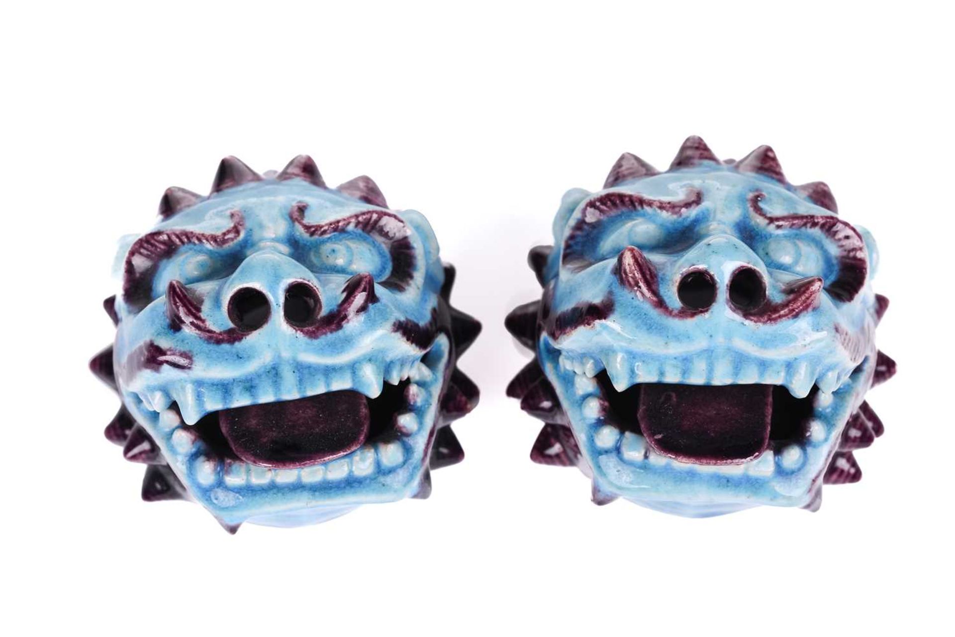 A pair of Chinese standing lion dogs, with removable heads and open mouths, in turquoise and - Image 8 of 24