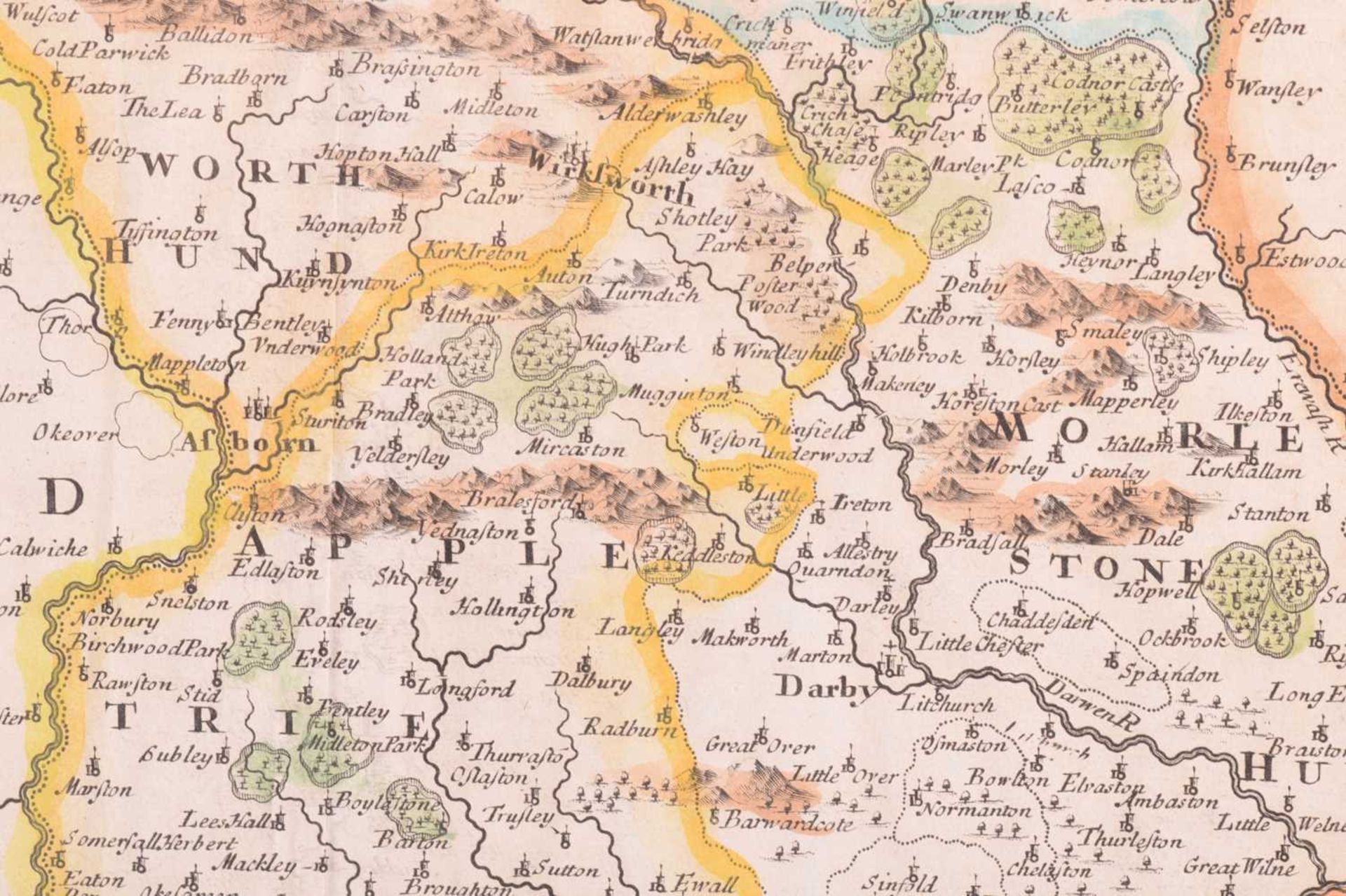 Robert Morden (c.1650-1703) a hand-tinted engraved map of 'Darbyshire', 36 cm x 42 cm, together with - Image 4 of 34