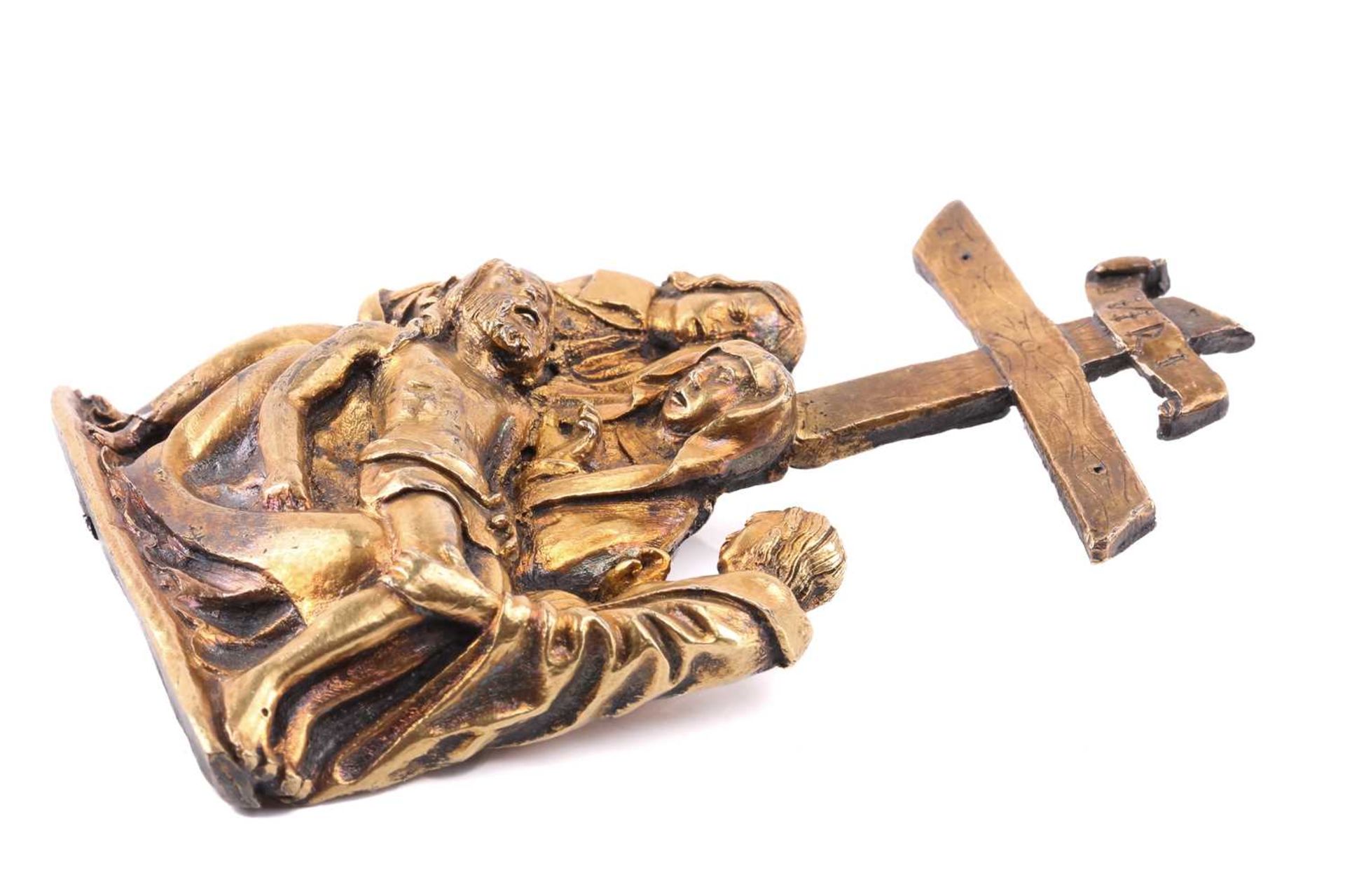 A German 15th century silver gilt mount, depicting The Lamentation Over the Dead Christ, the cross - Image 2 of 5