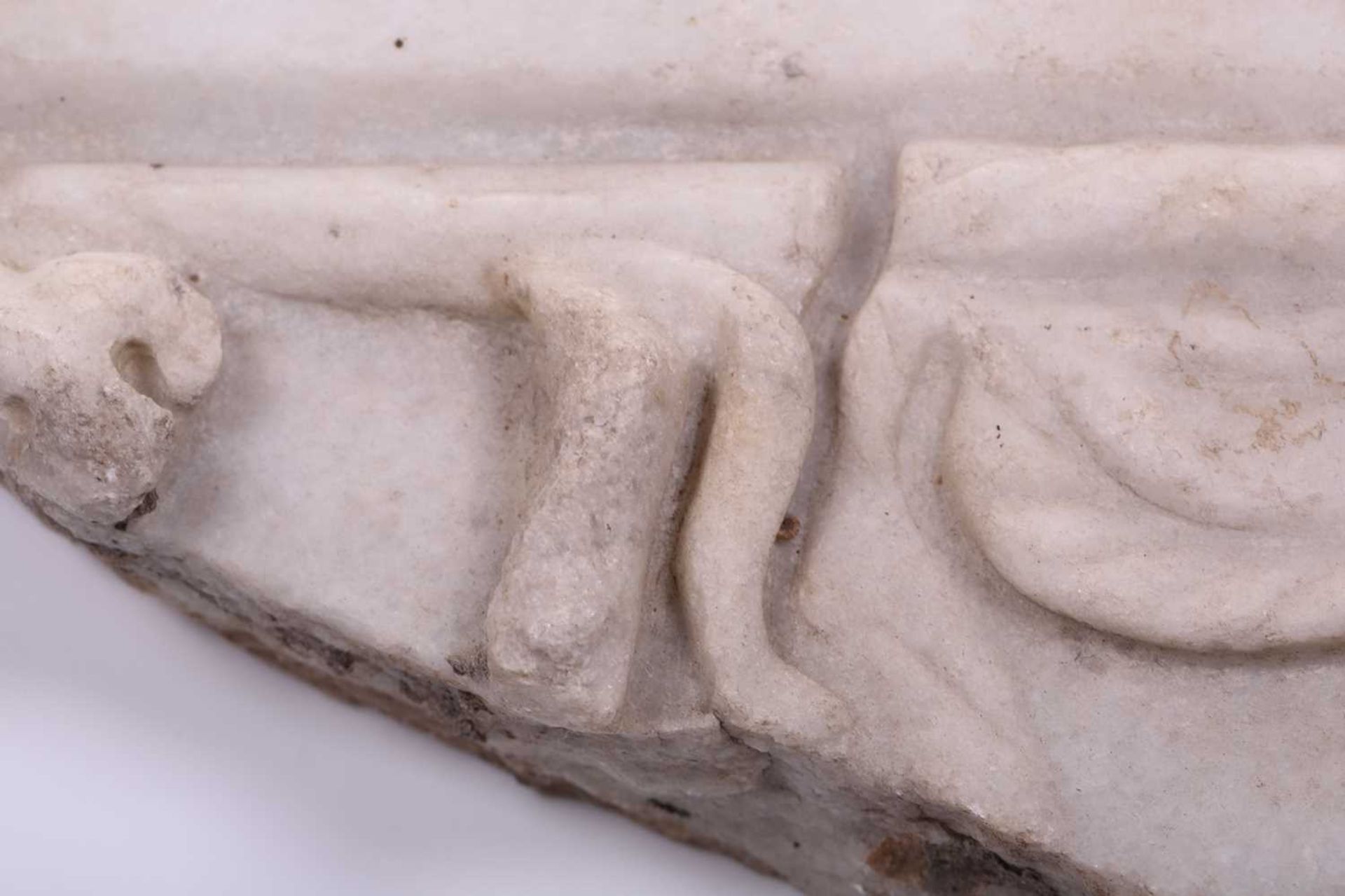 A Roman Marble fragment, 2nd/3rd century AD, possibly part of a sarcophagus, depicitng a youth in - Image 8 of 11
