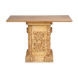 A Mexican carved painted and gilt pedestal table, 20th century, with a rectangular overhanging