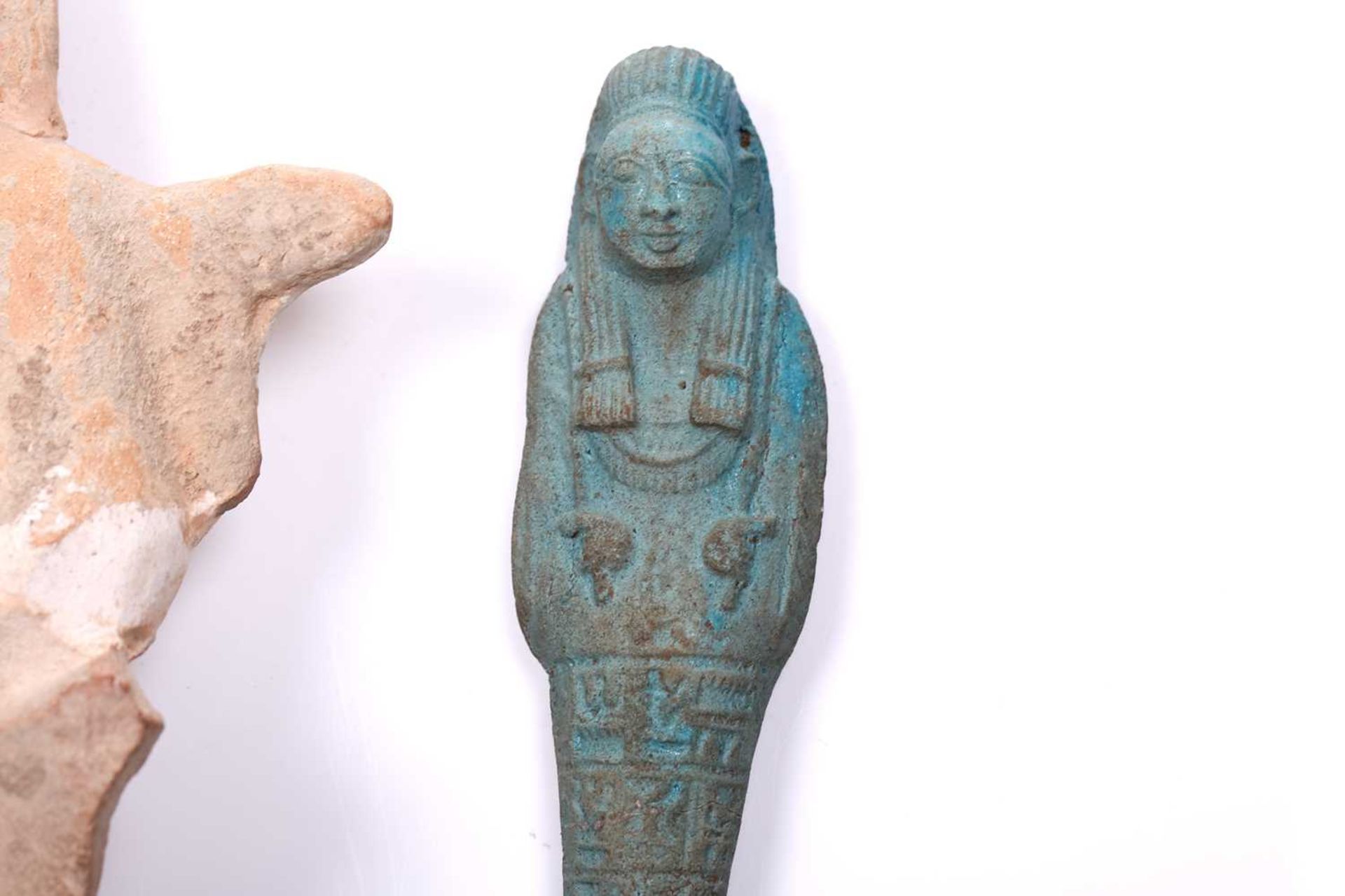 An Egyptian basalt-type Shabti with a hieroglyphic panel to the torso mounted in an old museum- - Image 6 of 9