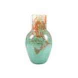 A Monart Glass of Moncrieff 1930s green glass vase, with orange and gold marble effect and long
