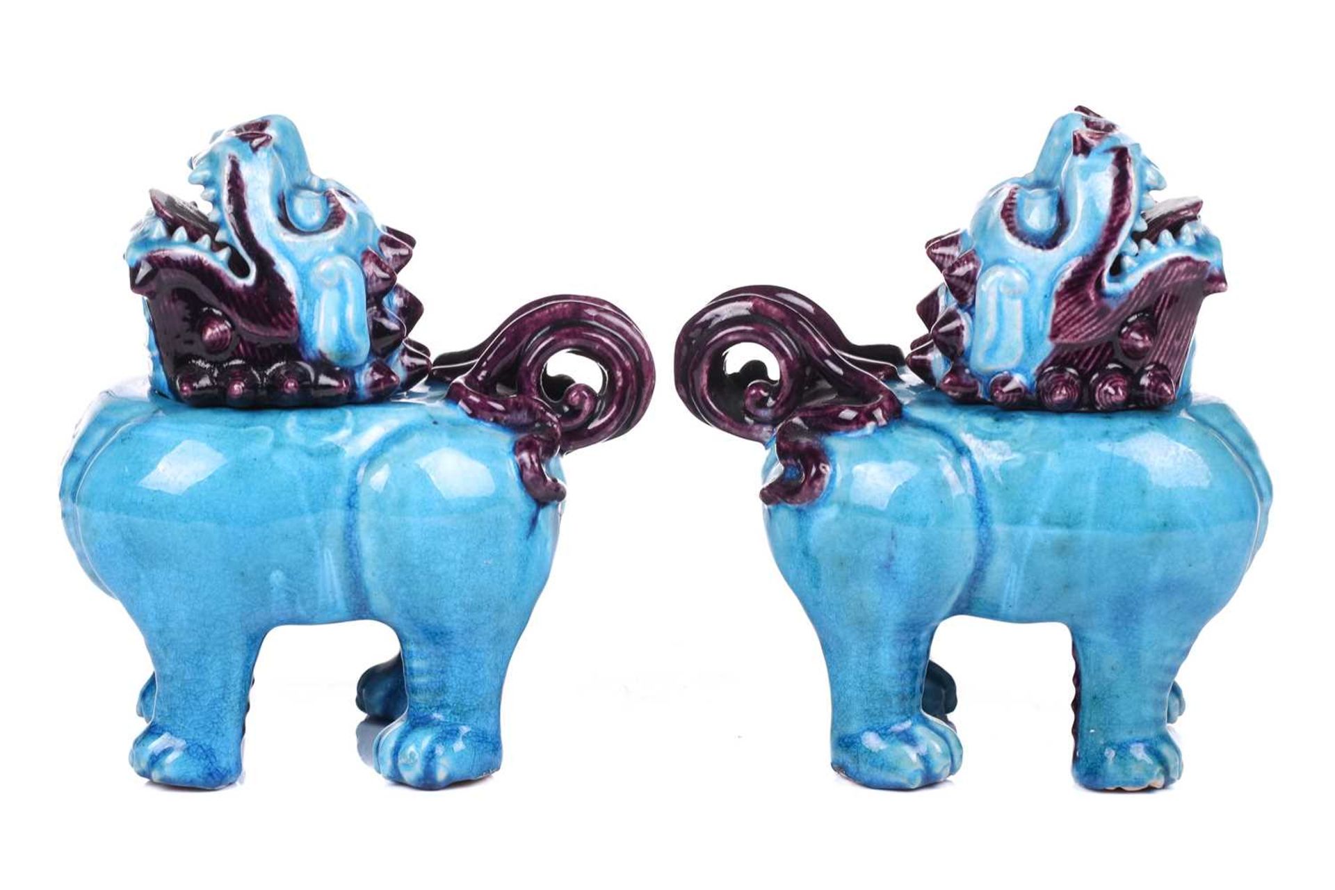 A pair of Chinese standing lion dogs, with removable heads and open mouths, in turquoise and - Image 9 of 24
