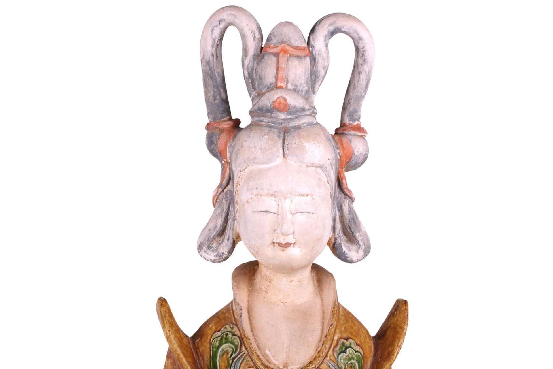 A Chinese sancai glazed pottery standing court figure, Minqi, (spirit object) possibly Tang dynasty, - Image 5 of 18