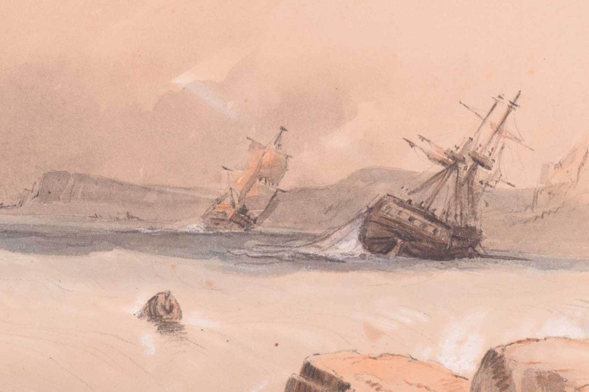 Attributed to Henry Bright (1810-1873), figures on a rocky coast, watching ships in heavy seas, - Image 5 of 7