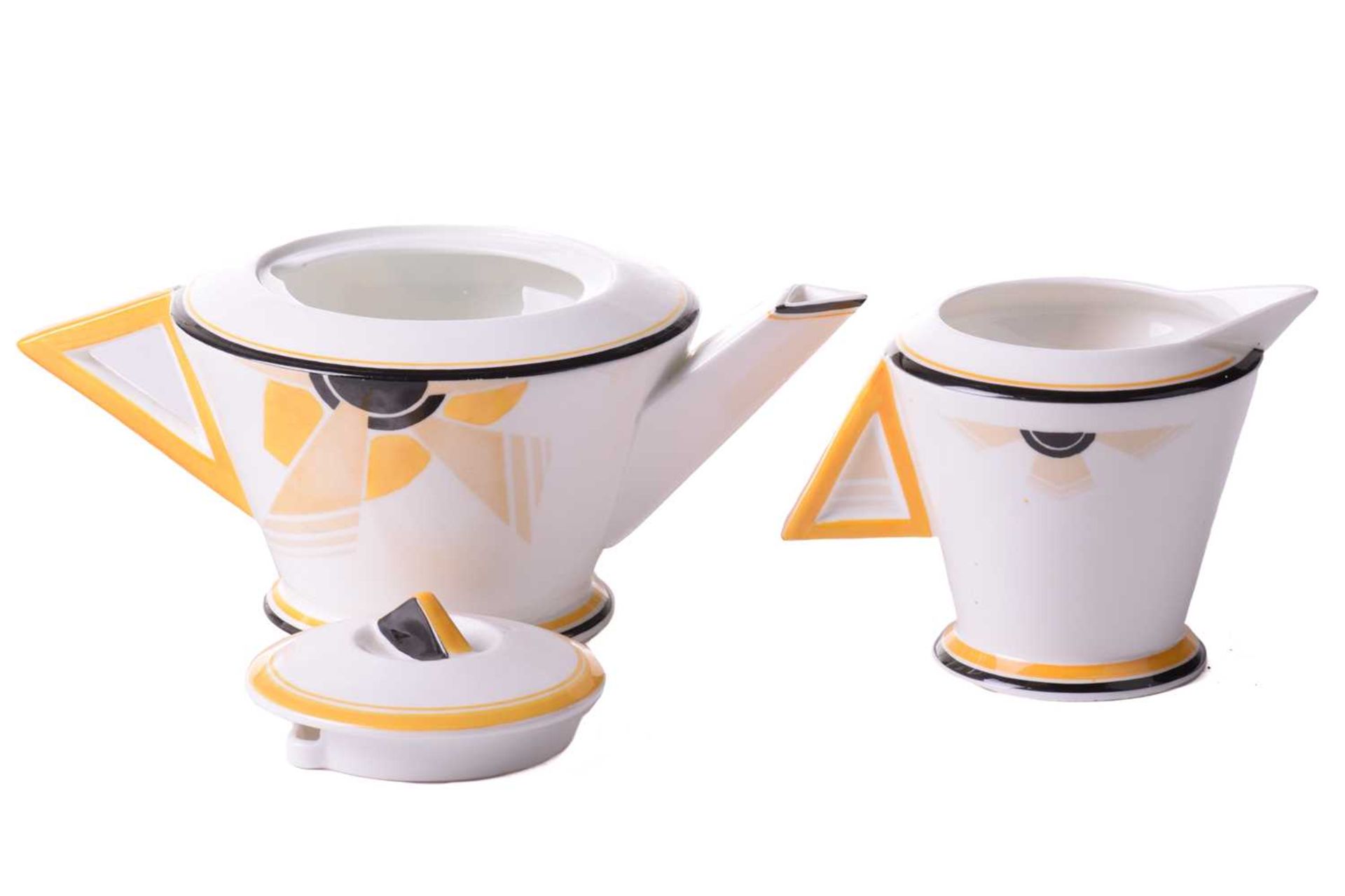 A 1930s Shelley 'Vogue Sunray' tea set, designed by Eric Slater, comprising: six teacups, six - Image 3 of 8