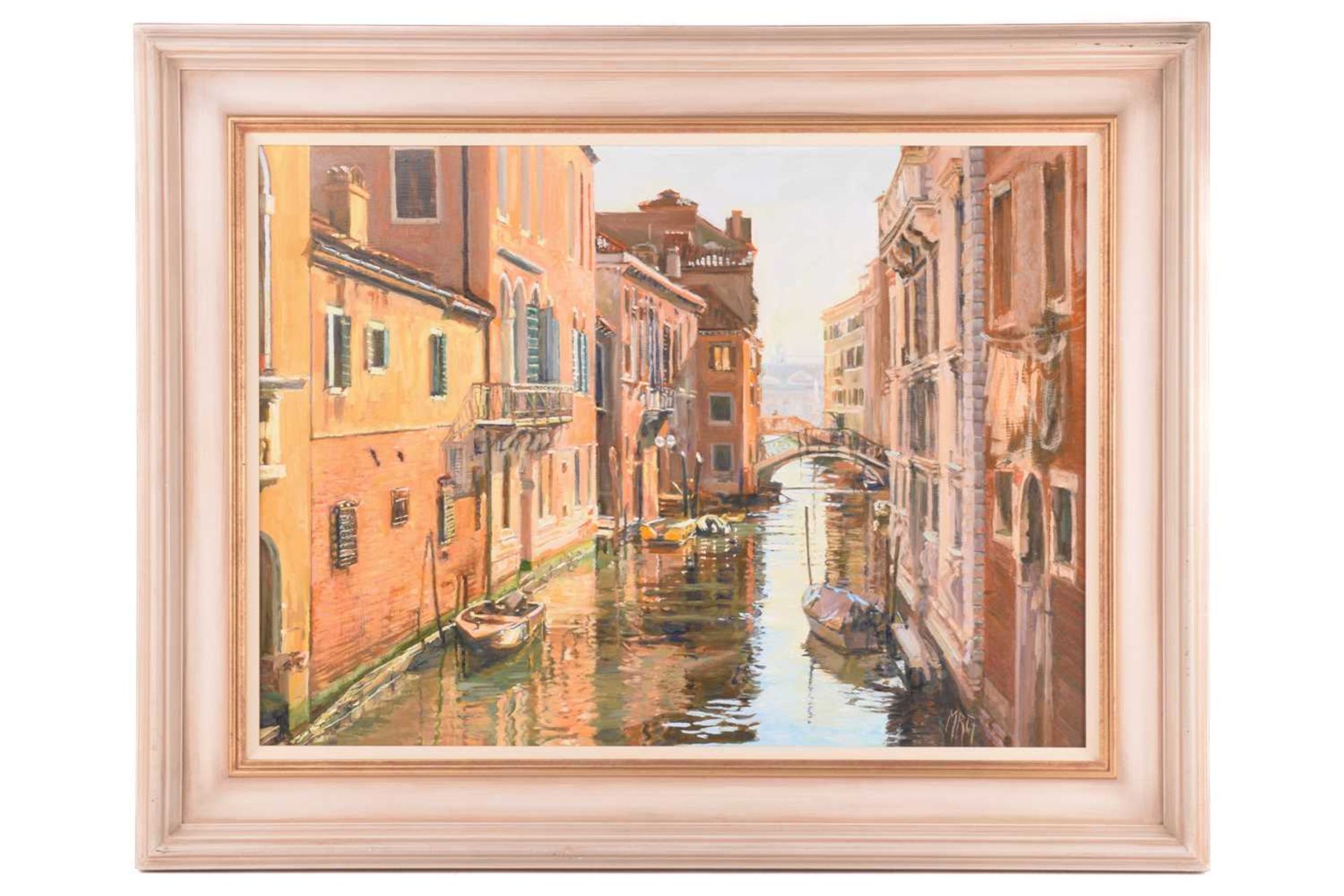 Margaret Glass (b.1950), Venetian Canal, initialled, oil on board, 54 x 74 cm, framed, frame 75.5