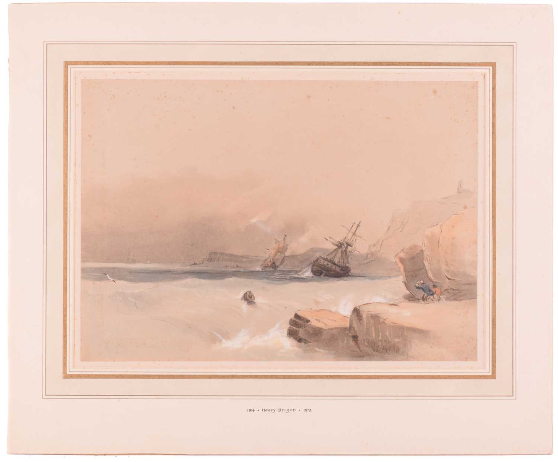 Attributed to Henry Bright (1810-1873), figures on a rocky coast, watching ships in heavy seas, - Image 2 of 7
