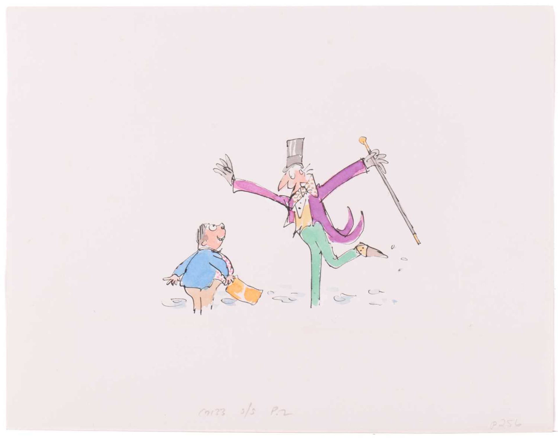 Quentin Blake (b.1932), Willy Wonka and Augustus Gloop holding a Golden Ticket, unsigned,