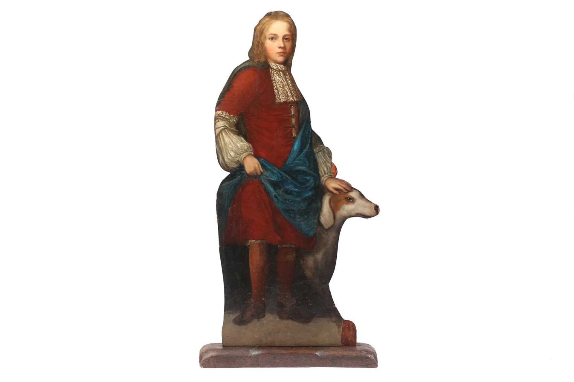 A painted canvas laid on wooden dummy board, 'silent companion', depicting a standing boy with a dog