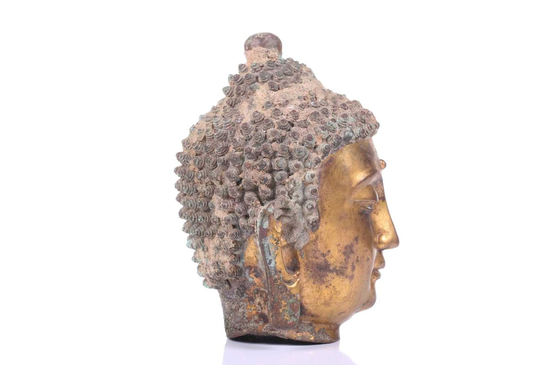 A Sino-Tibetan gilt bronze head of a Buddha, with elongated earlobes, tightly curled hair with domed - Image 4 of 9