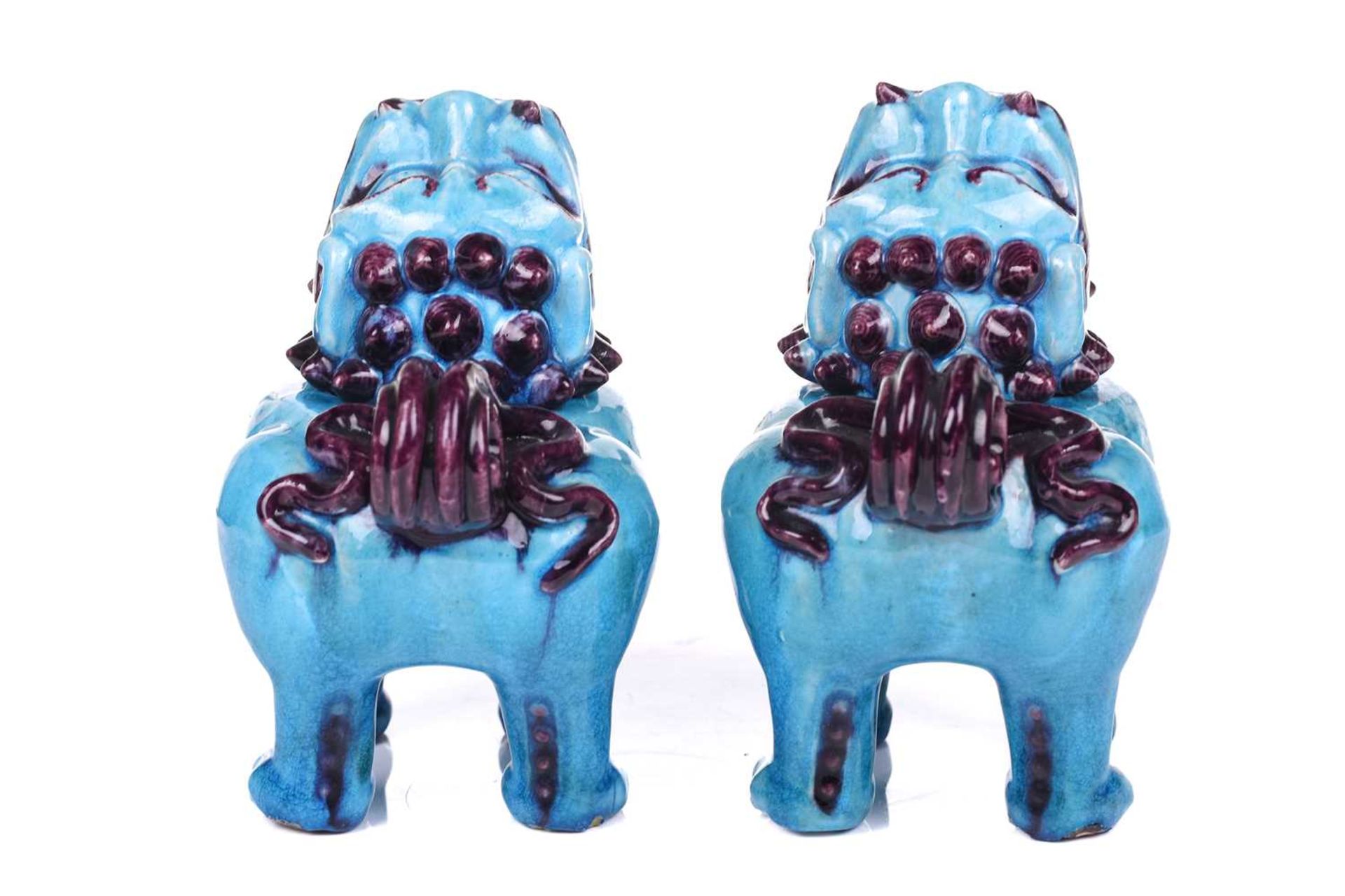 A pair of Chinese standing lion dogs, with removable heads and open mouths, in turquoise and - Image 6 of 24
