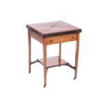 An Edwardian inlaid rosewood envelope card table, the square top inlaid in ivorine and boxwood