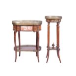 A Louis XV style panelled kidney shape occasional table, the grey marble top with brass gallery over