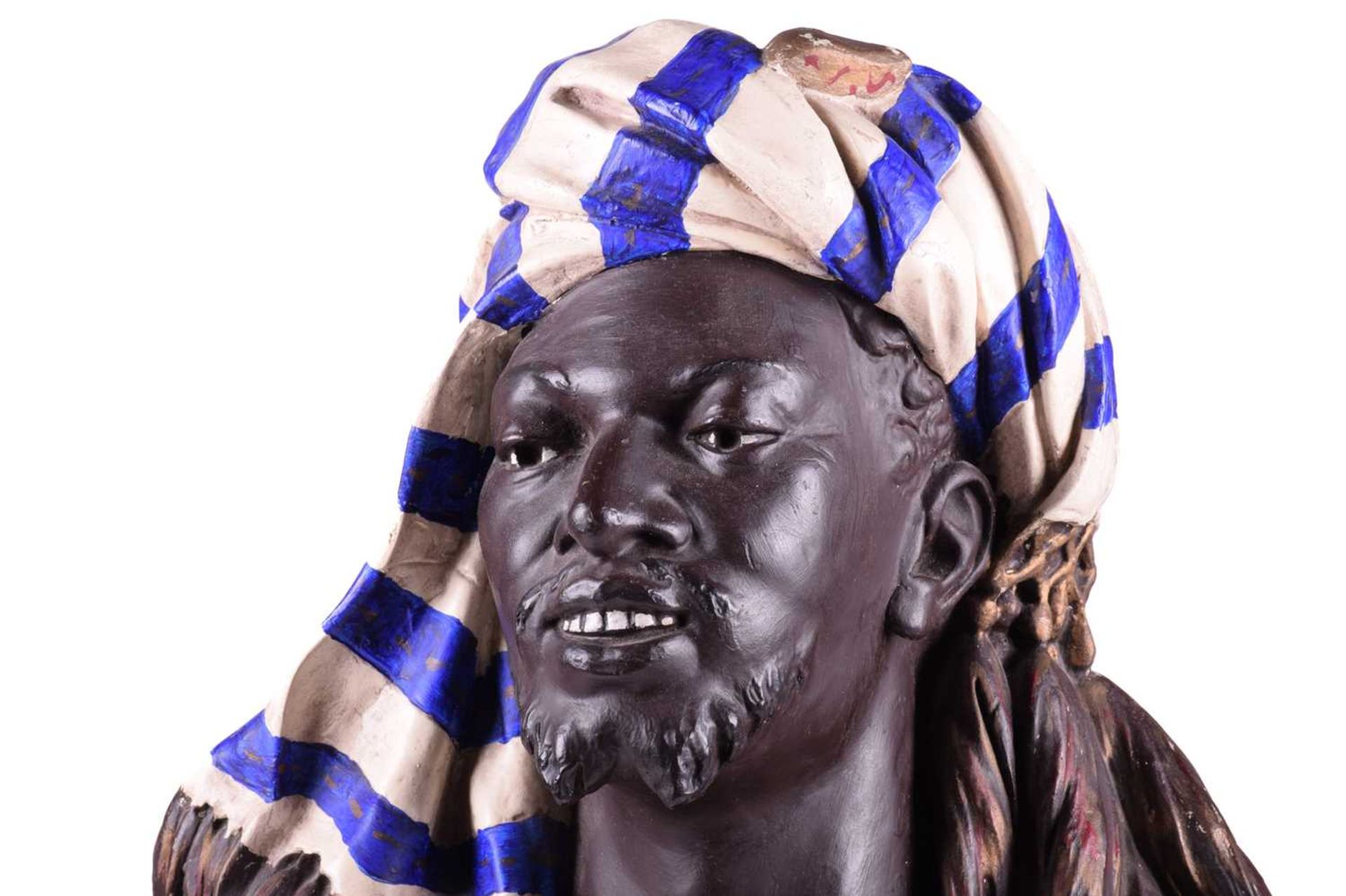 A contemporary Goldscheider-style composition bust titled 'Marokko' of a Berber tribesman in - Image 3 of 9