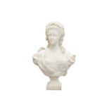 A large carved white marble bust of Marie Antoinette, 19th century, the square base with fleur-de-