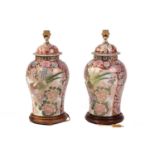 A pair of large contemporary Chinese (Macau?) porcelain inverted baluster and cover table lamps,