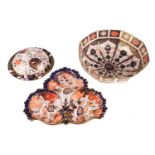 A large Royal Crown Derby "Imari" three-section hors d'oeuvre dish style "Old Imari" octagonal fruit