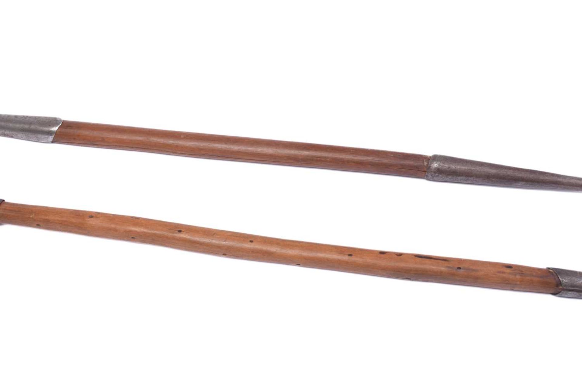 A large Maasai double-ended hunting spear, 20th century, with a ridged double-sided iron blade and - Image 7 of 7