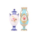 A Royal Crown Derby bleu celeste bone china amphora-style pedestal urn, painted with sprays of cut