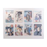 Eight individually framed 19th-century Japanese woodblock prints, figural studies, six after Utagawa