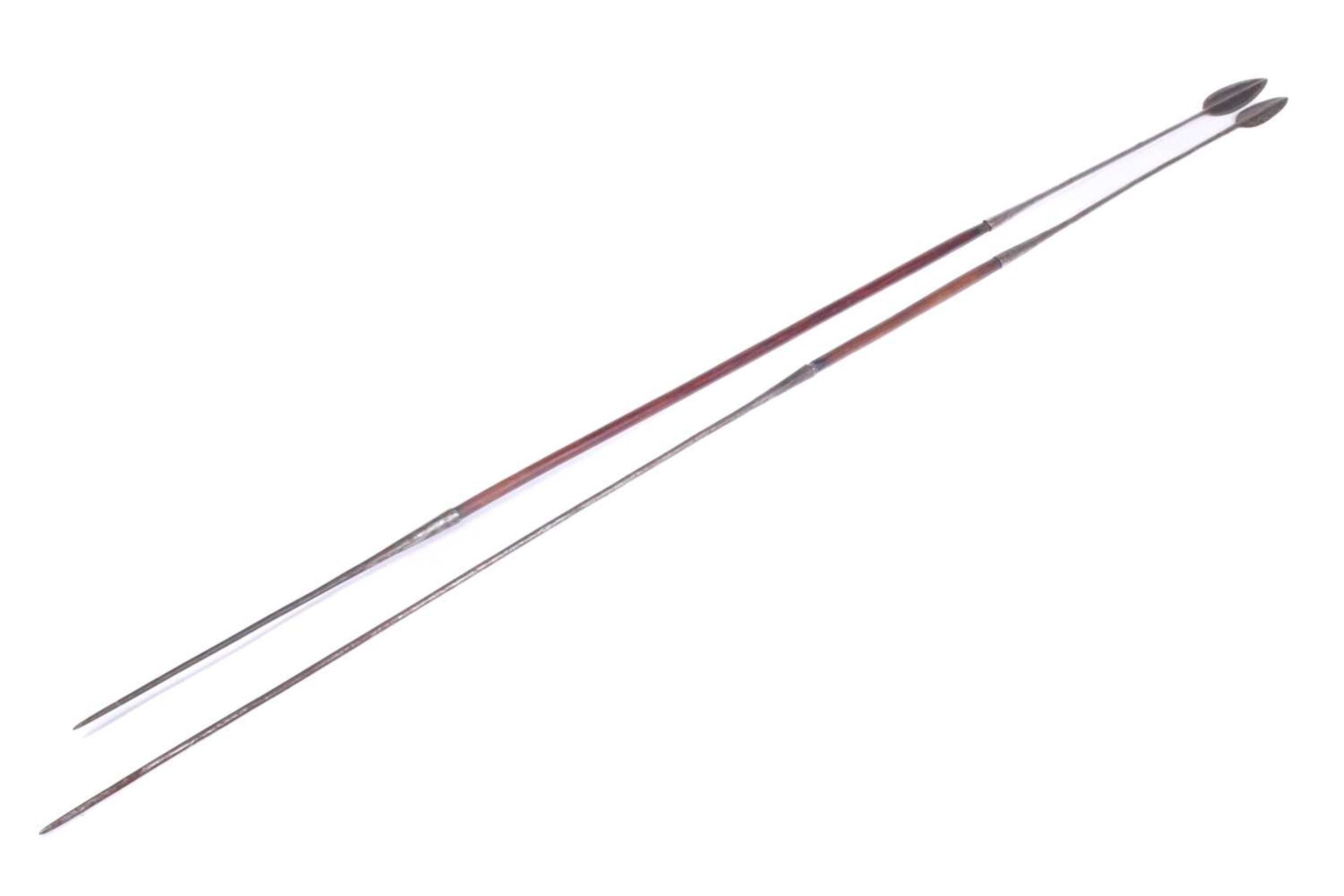 A large Maasai double-ended hunting spear, 20th century, with ridged double-sided iron blade and - Image 3 of 9