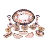 A Royal Crown Derby "Japan" bone china part dressing table set including a pair of candlesticks, pin