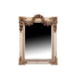 A George II style painted wall mirror, the rectangular plate with extended corners and moulded