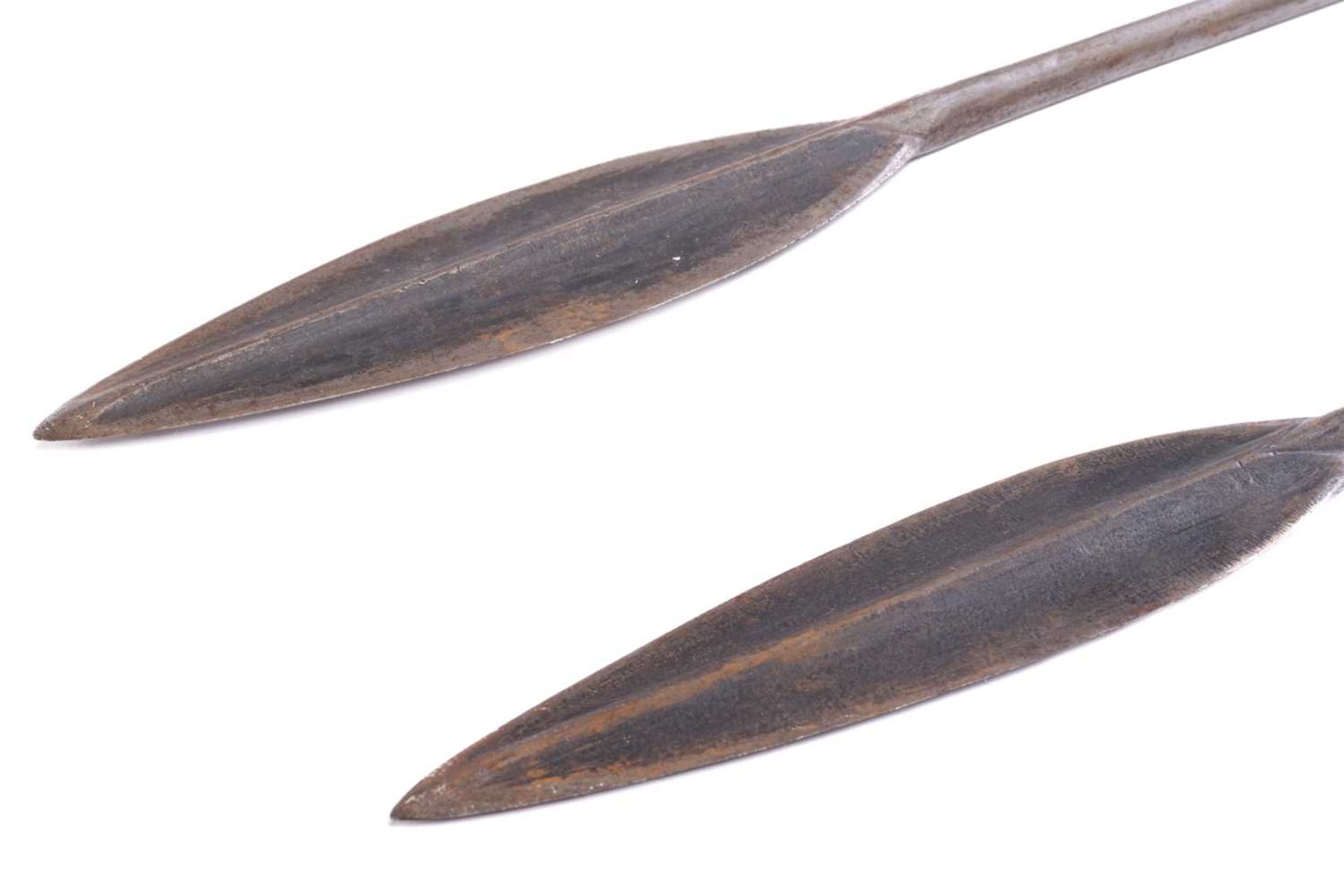 A large Maasai double-ended hunting spear, 20th century, with a ridged double-sided iron blade and - Image 5 of 7