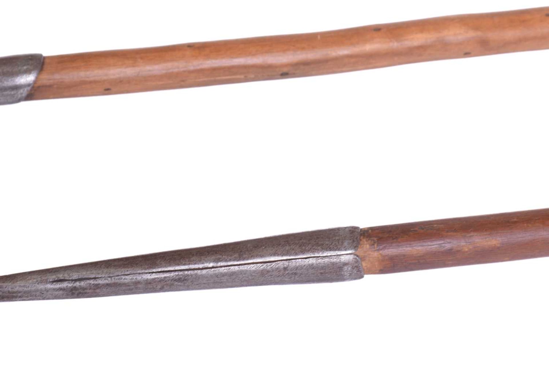 A large Maasai double-ended hunting spear, 20th century, with a ridged double-sided iron blade and - Image 4 of 7