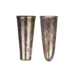 A pair of iridescent Roman glass flasks, probably 2nd/3rd century AD, of tapering cylindrical