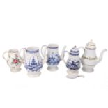 A collection of five English ceramic coffee pots, three Liverpool examples, of baluster form, all