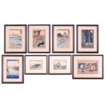 Eight individually framed 19th-century Japanese woodblock prints, the majority after Utagawa