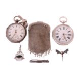 Two pocket watches a silver purse two brooches and a spinning fob, The first silver open-face pocket