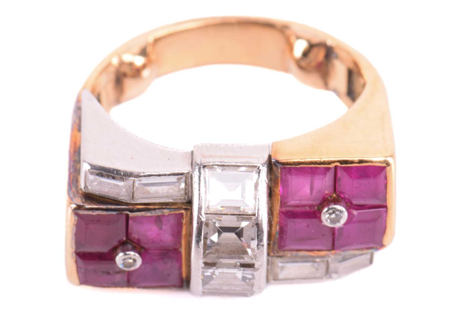 A late Art Deco ruby and diamond dress ring, circa 1940s, of odeonesque design, set with calibre - Image 2 of 5