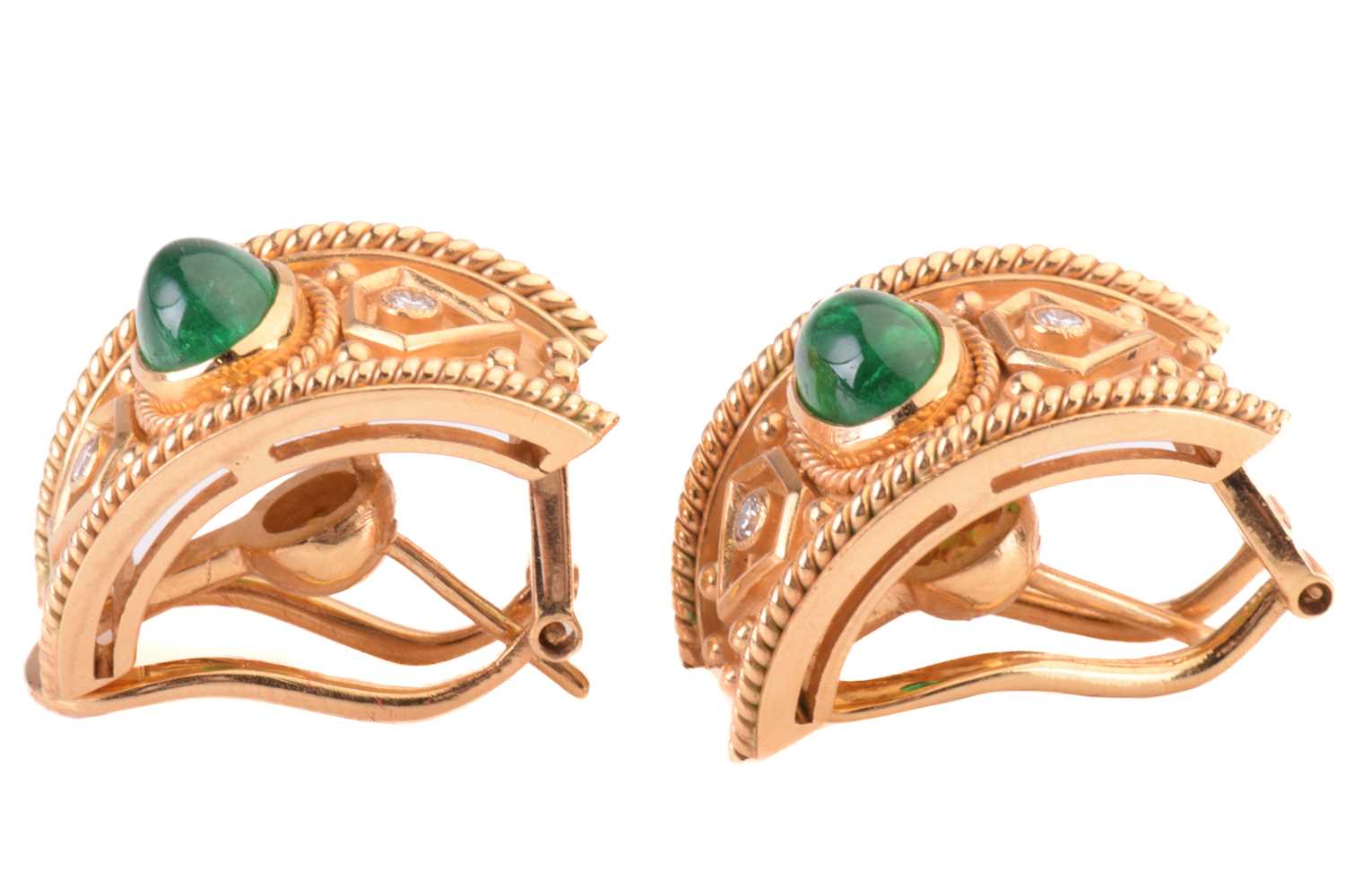 A pair of emerald and diamond earrings, each set with a central cabochon emerald between round - Image 2 of 4