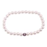 A South Sea pearl necklace with a spherical diamond and pink sapphire clasp, the pearls measuring 13