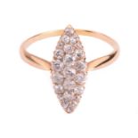A diamond marquise shape cluster ring, the central cluster set with old cut diamonds with a total
