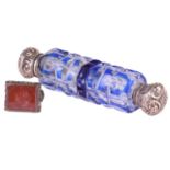 A Victorian double ended scent bottle, the faceted flasked blue glass scent bottle with push