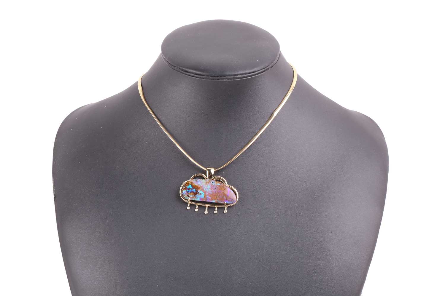 An opal and diamond pendant necklace, the pendant is designed as a cloud set with a boulder opal - Image 3 of 6