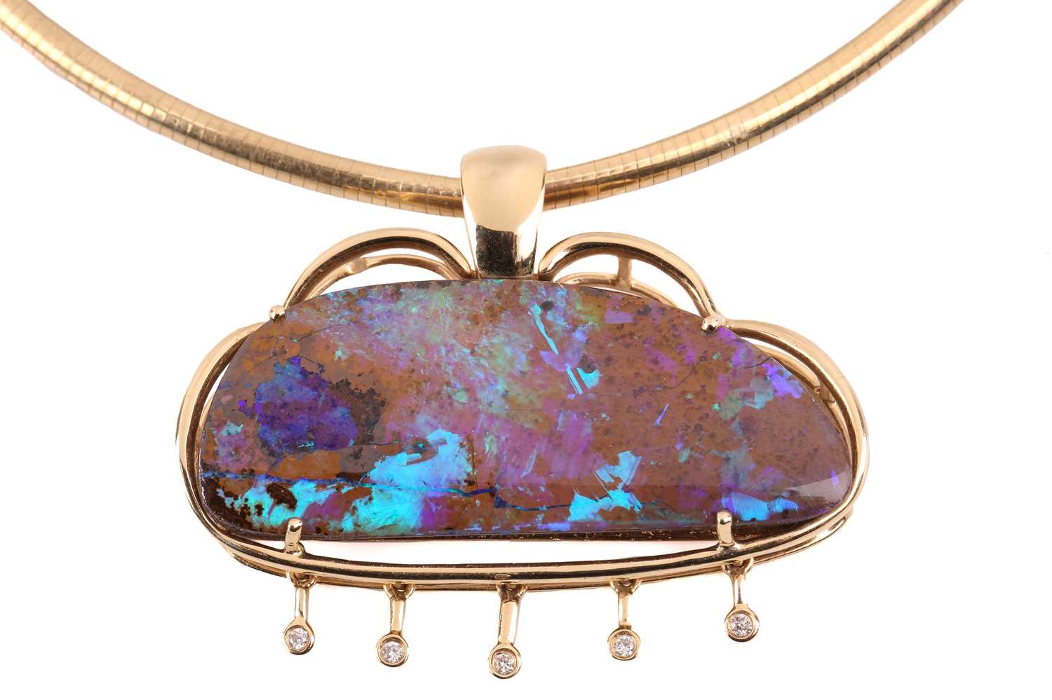 An opal and diamond pendant necklace, the pendant is designed as a cloud set with a boulder opal - Image 2 of 6