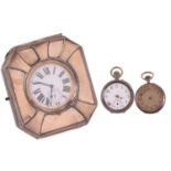 A Goliath pocket watch in a silver case and two further silver pocket watches. The Goliath pocket