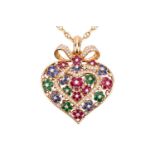 A heart-shaped diamond, ruby, sapphire and emerald pendant necklace, the heart pendant measuring
