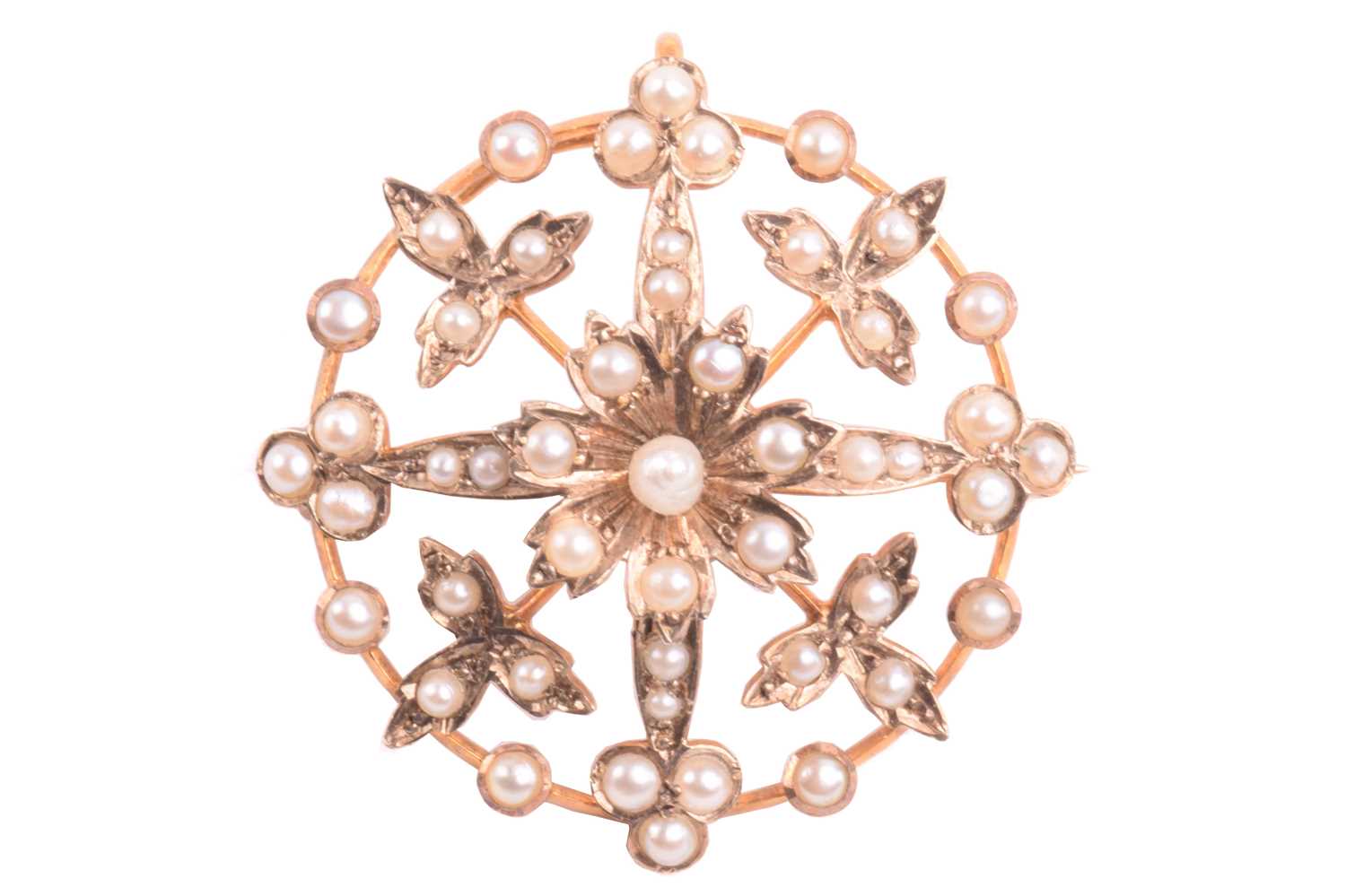 An Edwardian seed pearl floral brooch and a cluster ring; brooch measuring 28mm in diameter, - Image 3 of 5