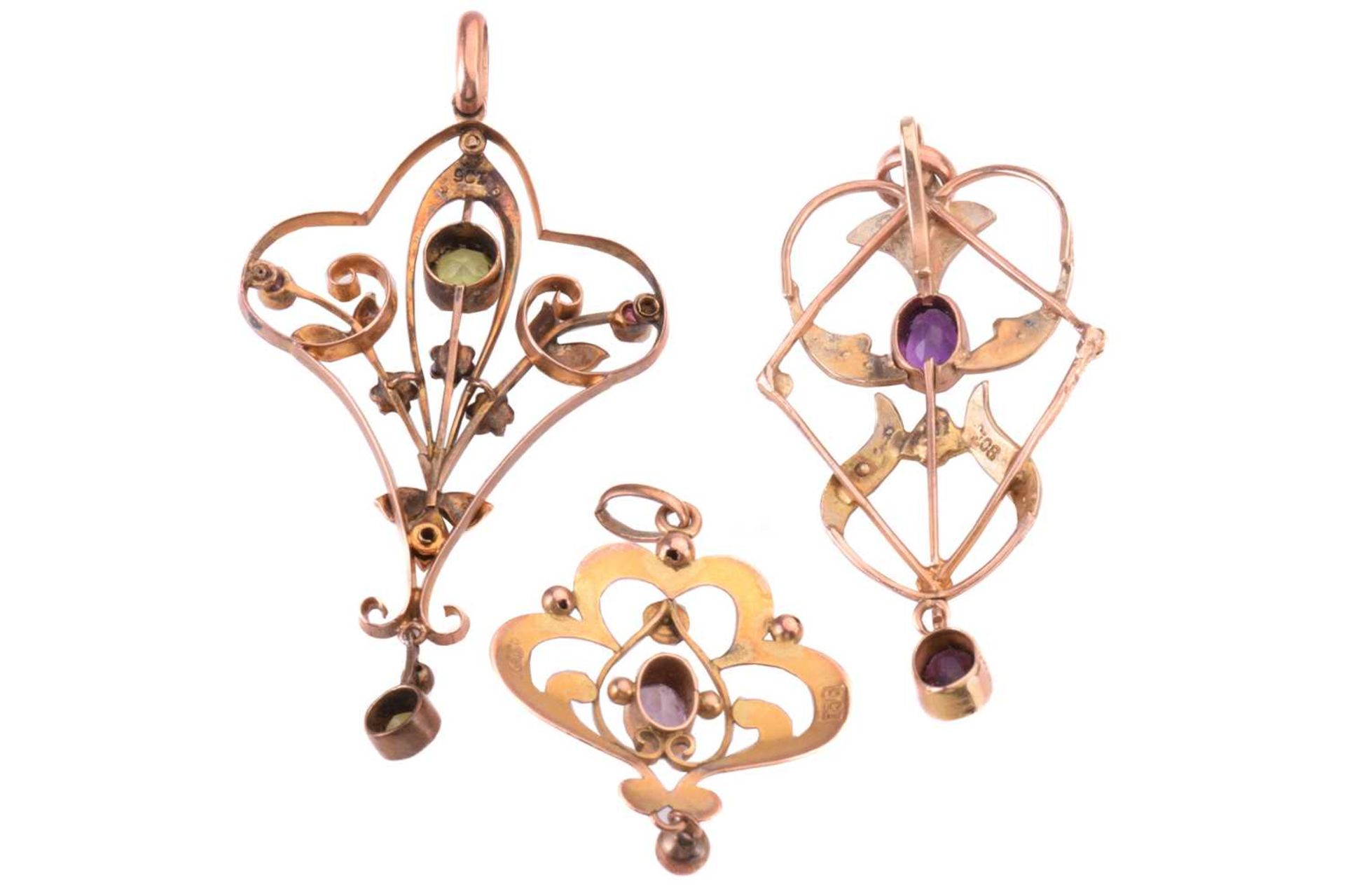 Three Edwardian cartouche shape pendants, gem set, and a pair of similar-style peridot and pearl set - Image 2 of 2